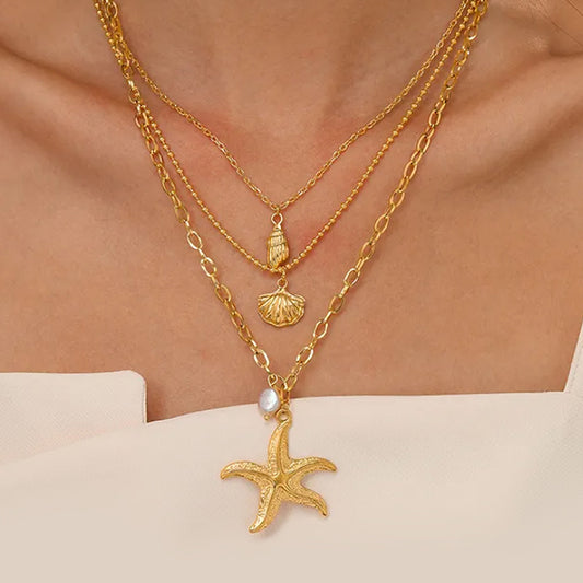 Cute Beach Shell Layered Necklace 18K Gold Plated