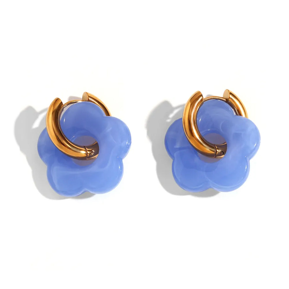 Blue Floral Hoop Earrings 18K Gold Plated