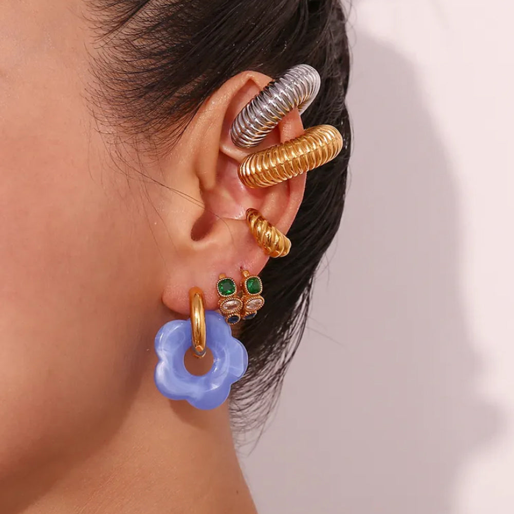 Blue Floral Hoop Earrings 18K Gold Plated