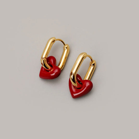 Cute Red Heart Huggie Hoop Earrings 18K Gold Plated