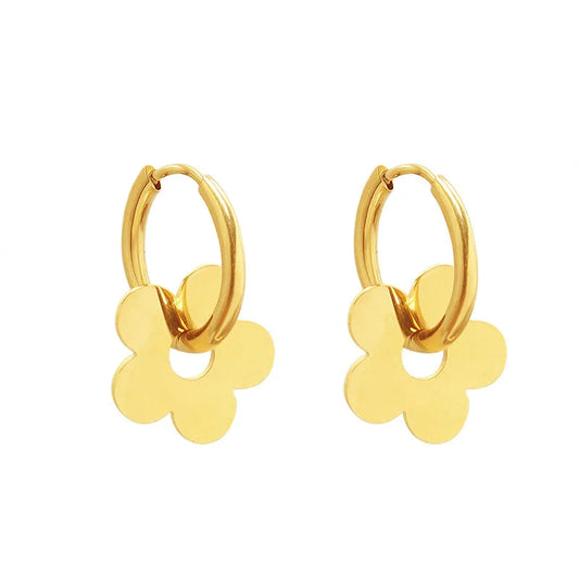 Dangling Flower Huggie Hoops - 18K Gold Plated Earrings