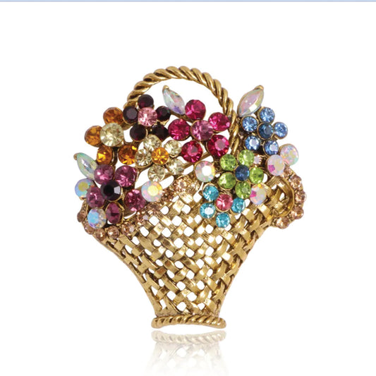 Vintage Flower Basket Brooch – Rhinestone Floral Pin