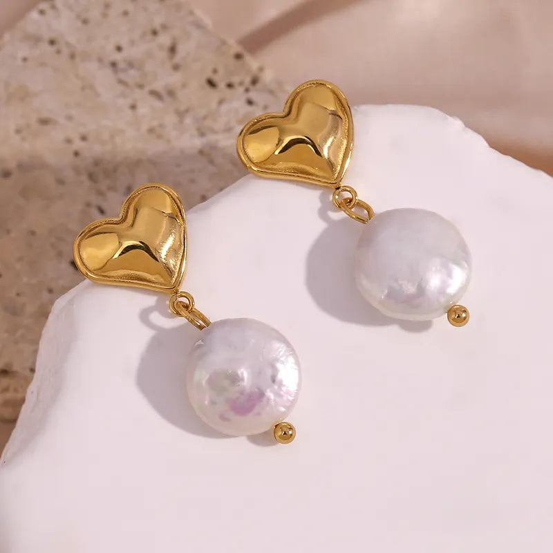 Heart Pearl Drop Earrings 18K Gold Plated