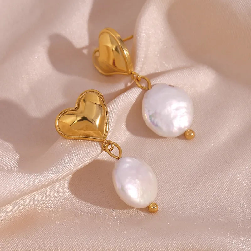 Heart Pearl Drop Earrings 18K Gold Plated