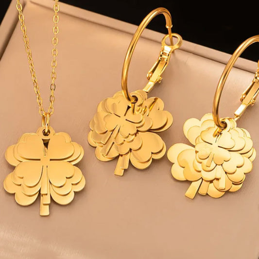 Lucky Clover Necklace or Clover Earring - 18K Gold Plated