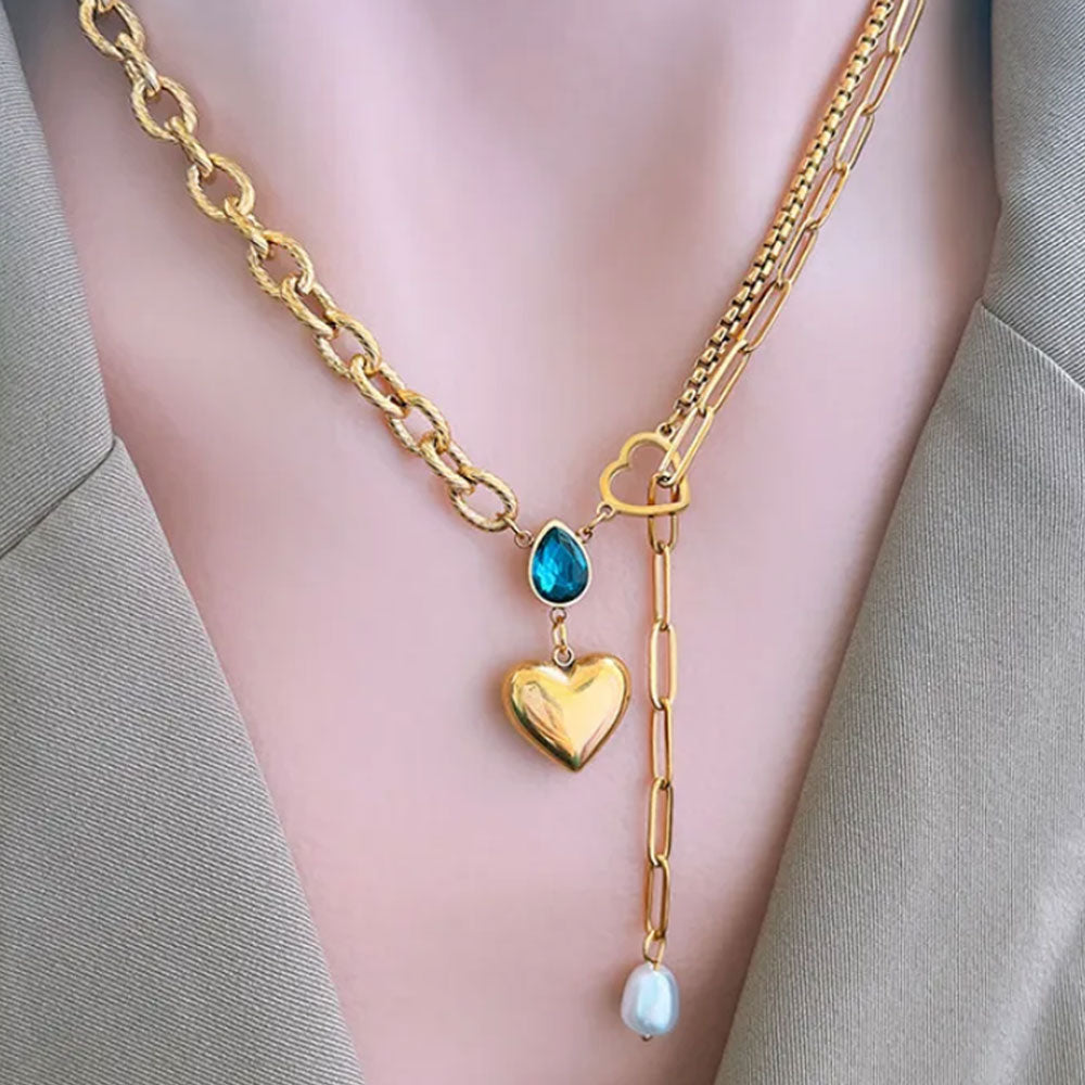 Chunky Heart Necklace Blue Stone - 18K Gold Plated