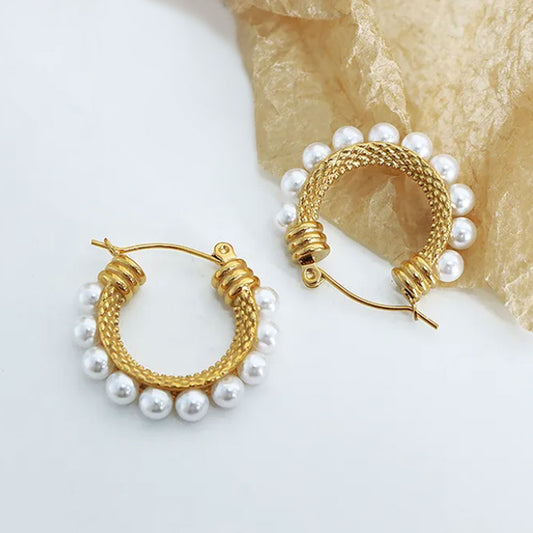 Elegant Pearl Hoop Earrings 18K Gold Plated