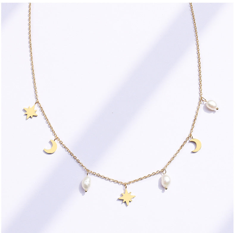 Star Moon Freshwater Pearl Tassel 18K Gold Plated Necklace