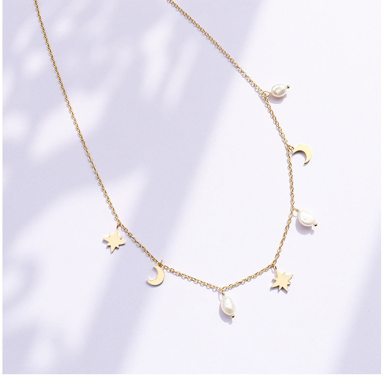 Star Moon Freshwater Pearl Tassel 18K Gold Plated Necklace