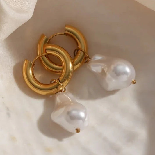 Pearl Droplets Hoop Earrings - 18K Gold Plated