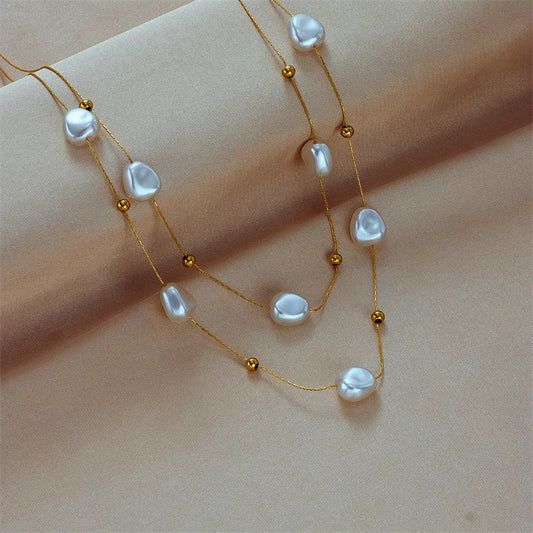 Classic Layered Pearl Necklace 18K Gold Plated