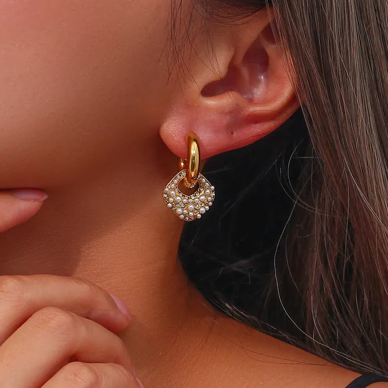 Classic Pearl Drop Hoop Earrings 18K Gold Plated