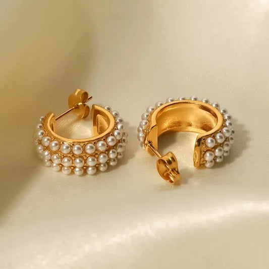 Pearl Hoop Earrings - 18K Gold Plated