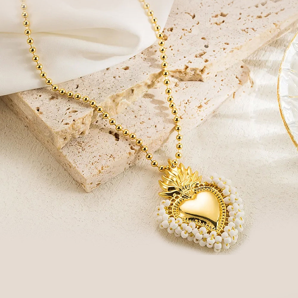 Large Chunky White Pearl Heart Necklace 18K Gold Plated