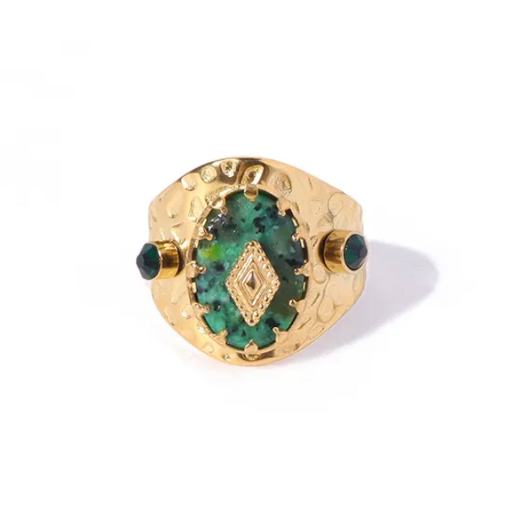 Royal Natural Green Stone Ring - 18K Gold Plated