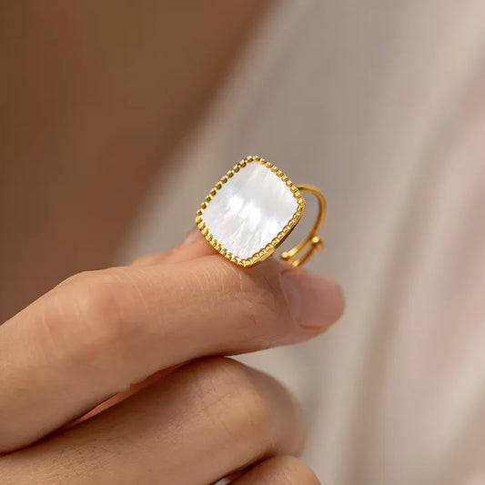 Classic Square Mother of Pearl Adjustable Ring - 18K Gold Plated