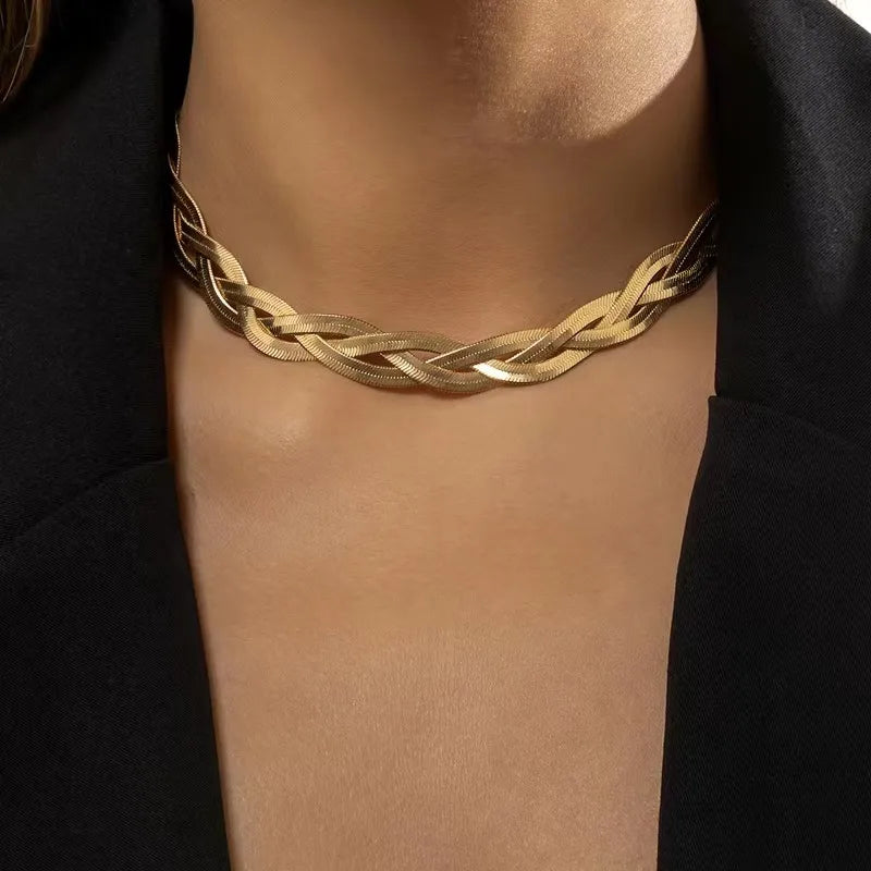 Gold Snake Herringbone Twisted Chain Necklace - 18K Gold Plated