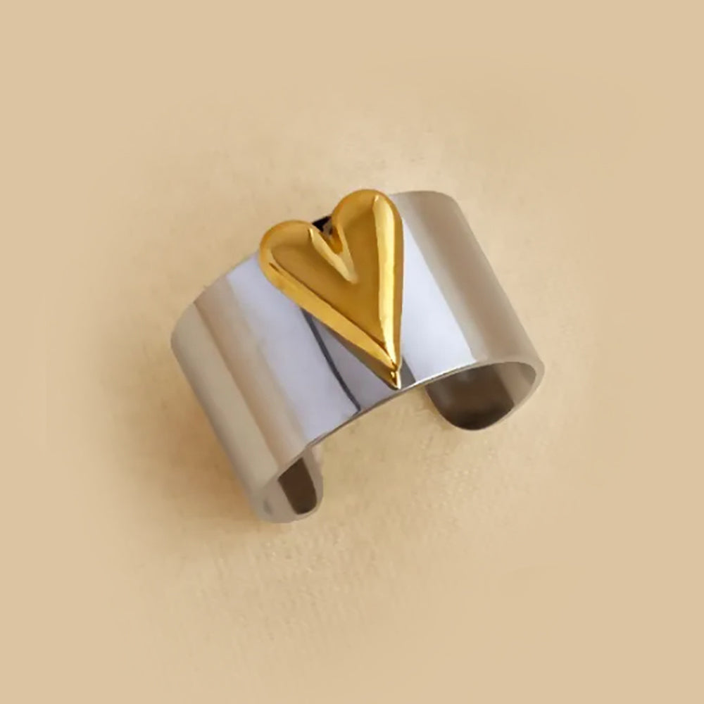 Classic Two Tone Silver And Golden Heart Ring