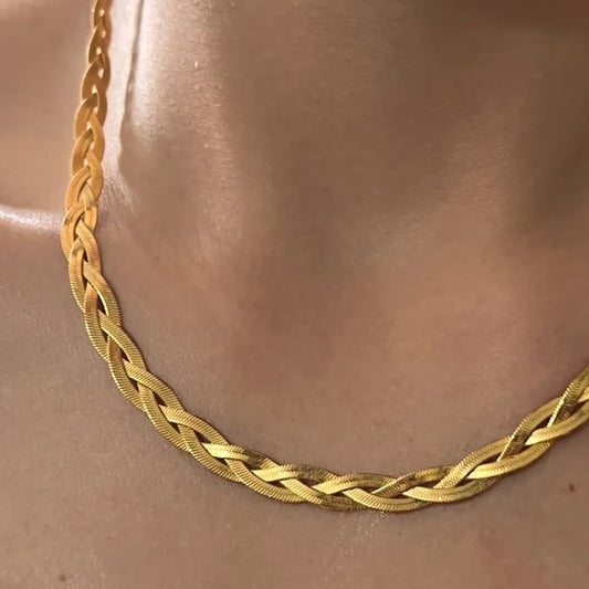 Gold Snake Herringbone Twisted Thin Chain Necklace - 18K Gold Plated