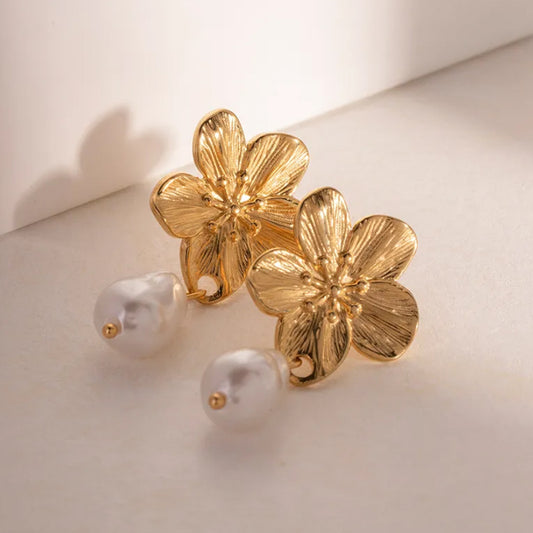 Cute Flower Pearl Dangler Earrings - 18K Gold Plated